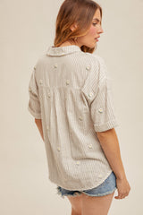 Floral Embroidered Fray Hem Boxy Stripe Shirt Heather Grey