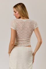 Round Neck Button Down Fitted Lace Top Cream