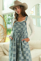 Washed Vintage Checker Wide Leg Overalls Denim
