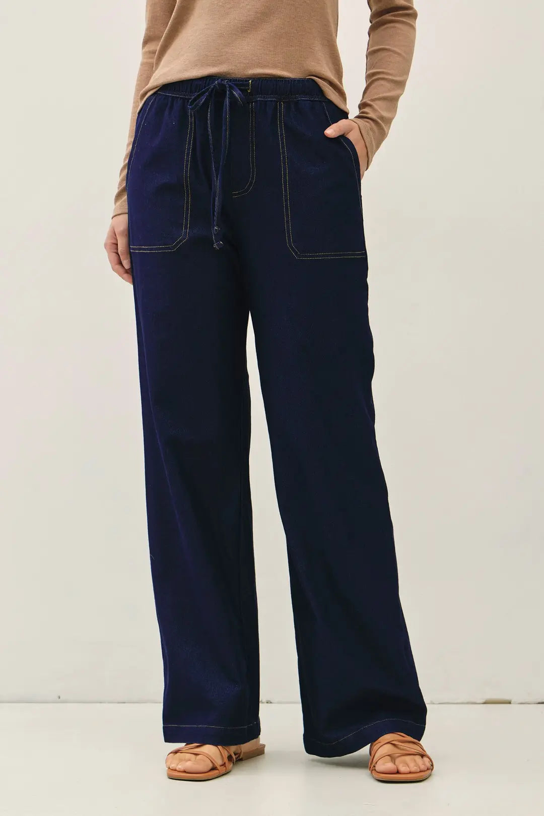 Knit Denim Wide Leg Pull On Pants Dark Wash