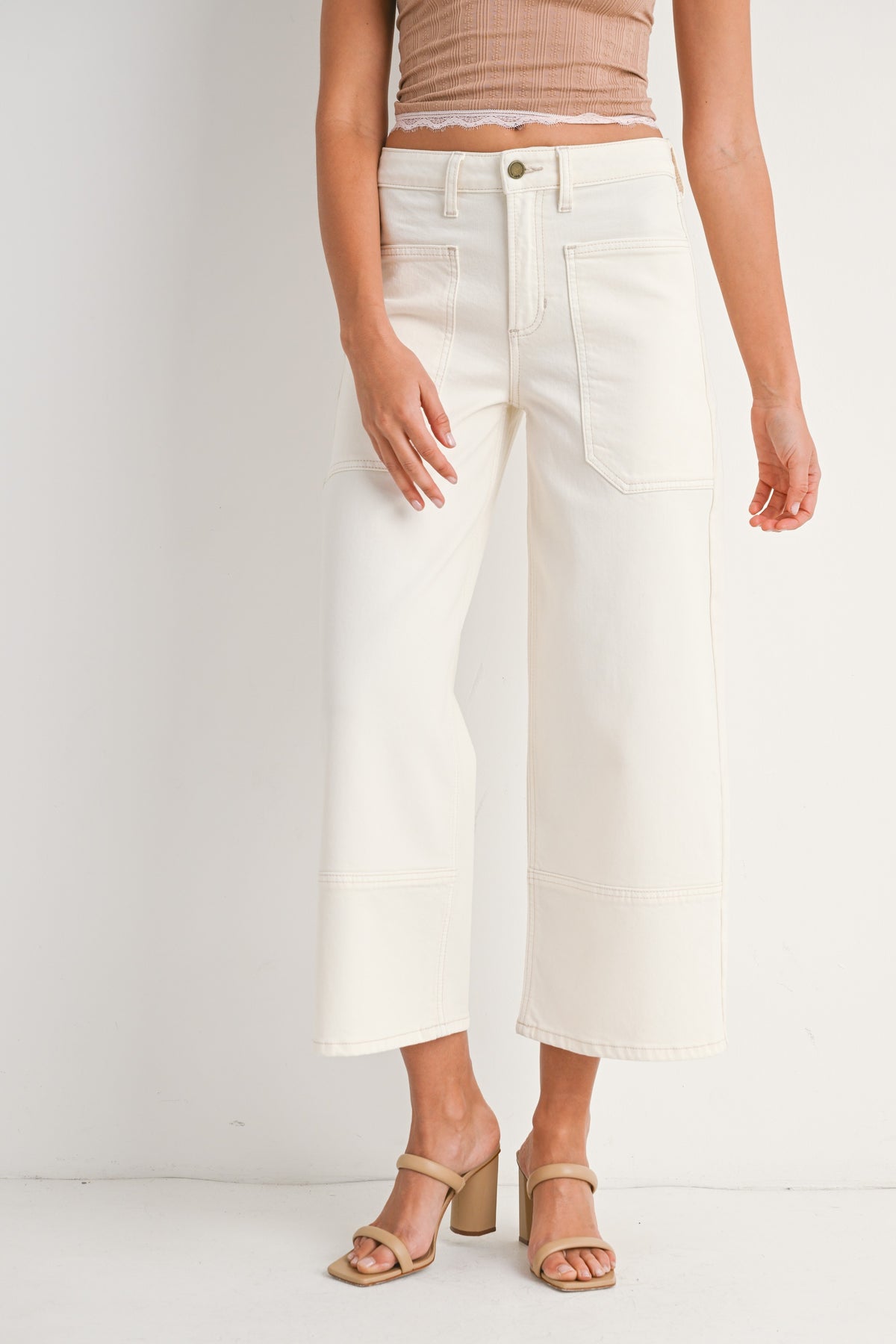 High Rise Cropped Wide Leg Denim Trouser Off White
