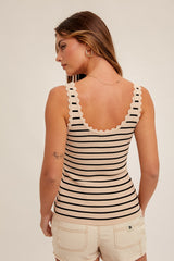 Scallop Edge Stripe Sweater Tank Tan + Black