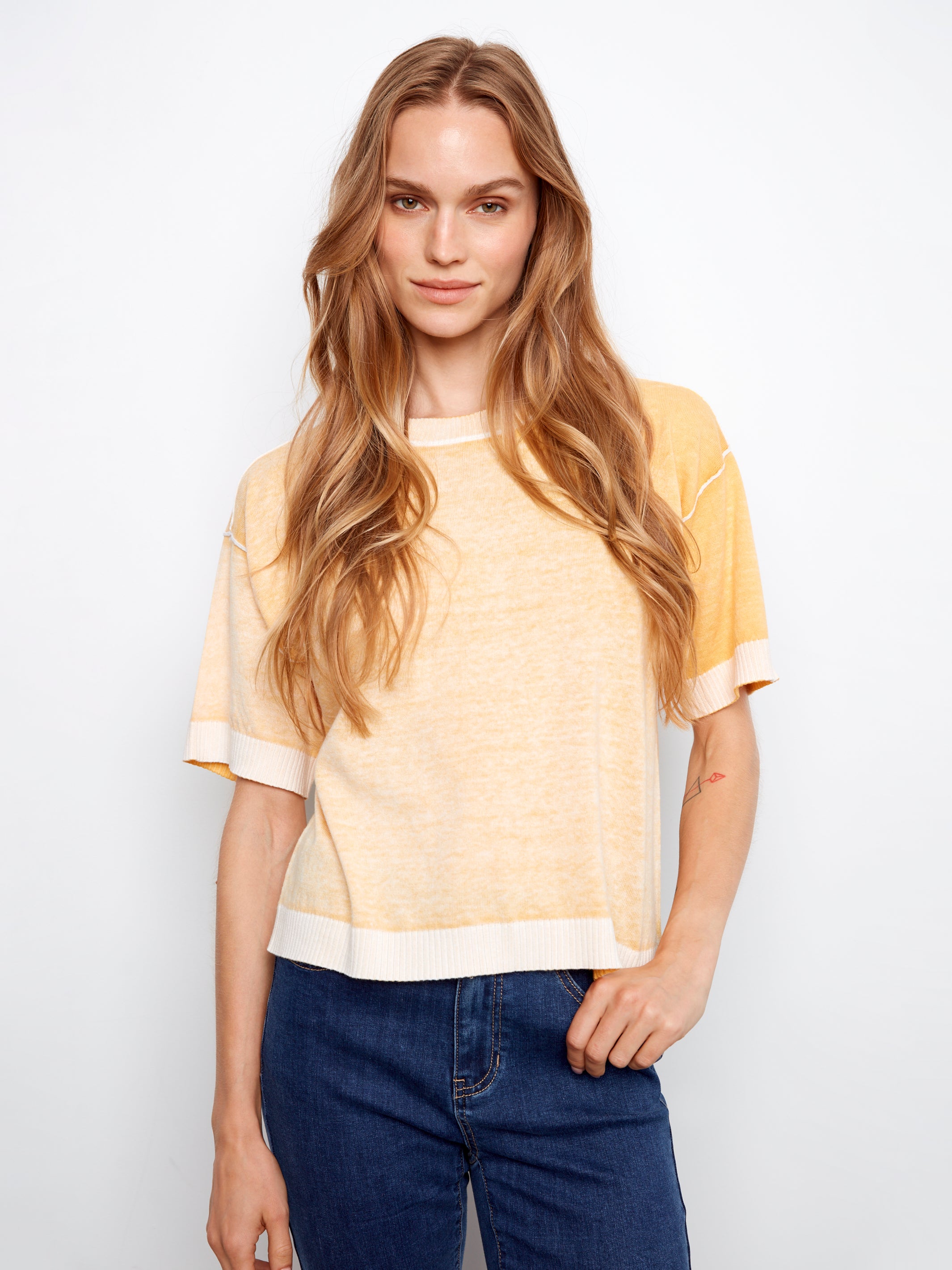 Reverse Print Short Sleeve Sweater Top Sunshine