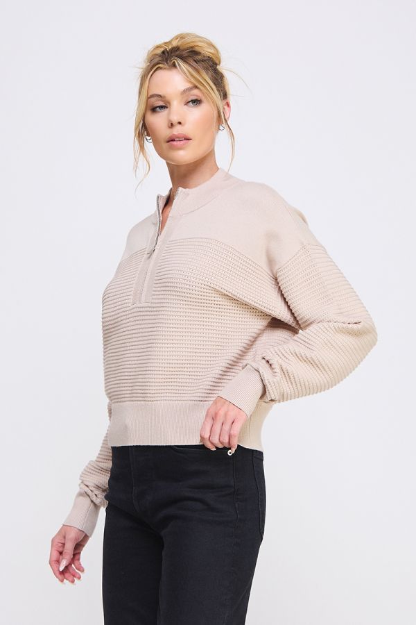 Textured Rib Dolman Half Zip Top Sand