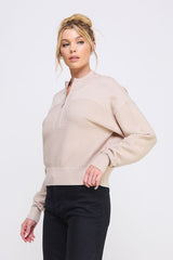 Textured Rib Dolman Half Zip Top Sand