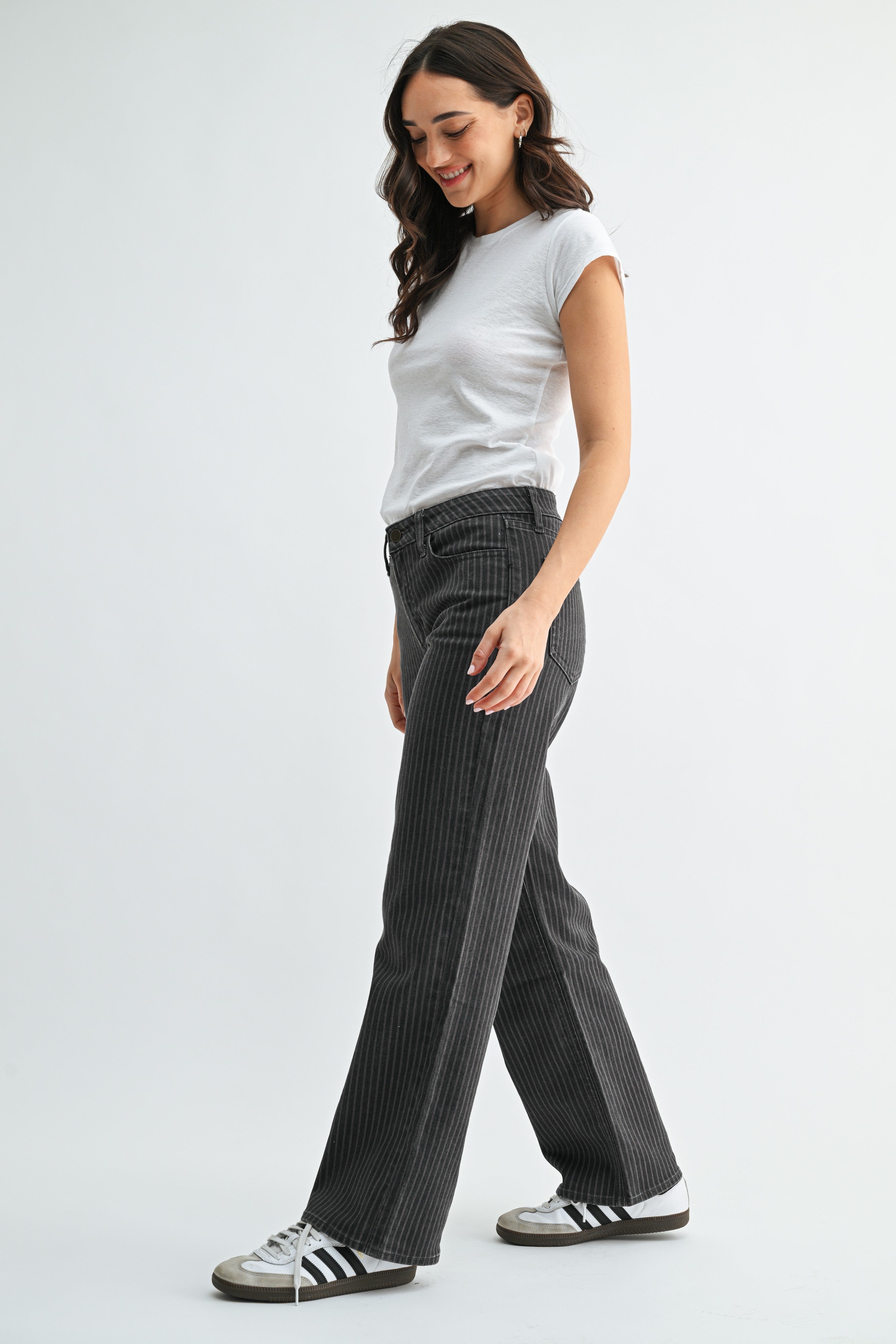 High Rise Full Length Straight Denim Pants Grey Stripe