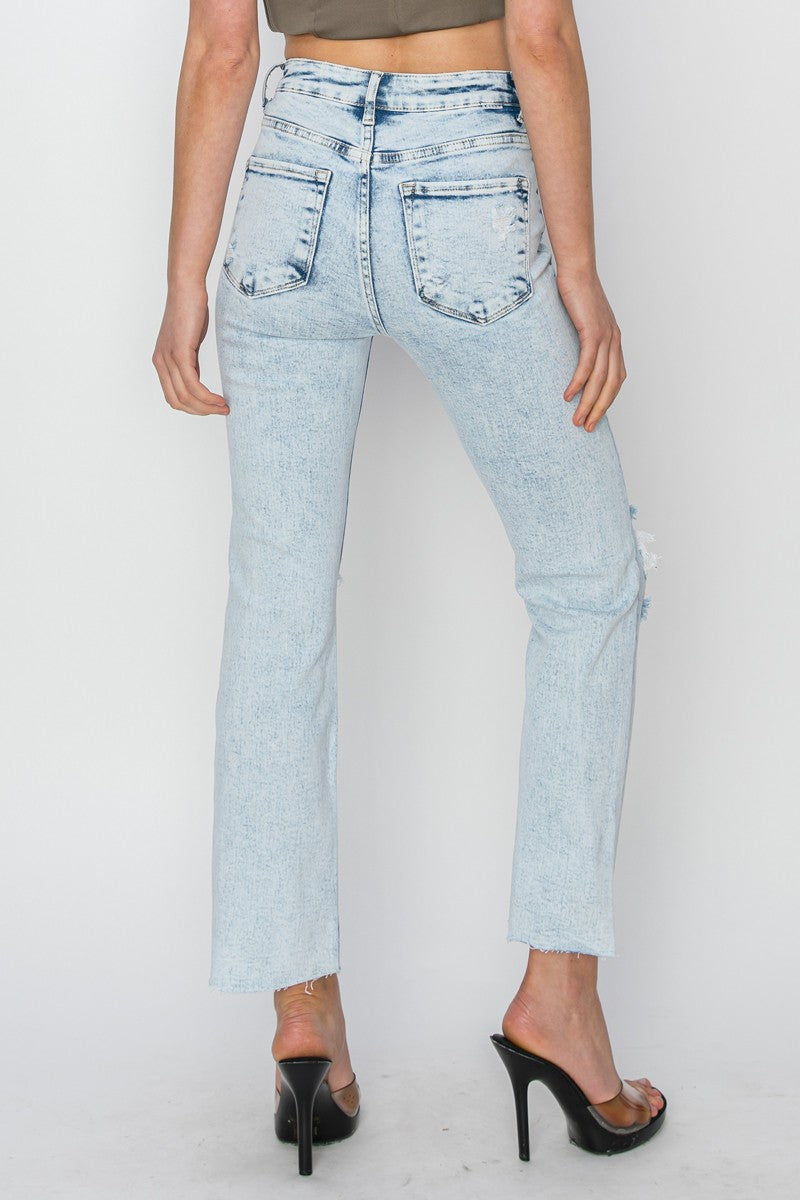 High Rise Distressed Knee Ankle Jeans Acid Light