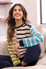 Button Detail Colorblock Stripe Sweater Ice Latte