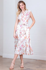 Rolled Cap Sleeve Floral Print Tie Belt Midi Dress Ivory Multi