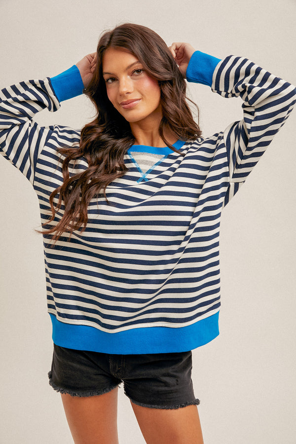 Contrast Rib Stripe Oversized Sweatshirt Navy