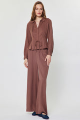 Striped Tie Front Long Sleeve Collared Shirt Mocha