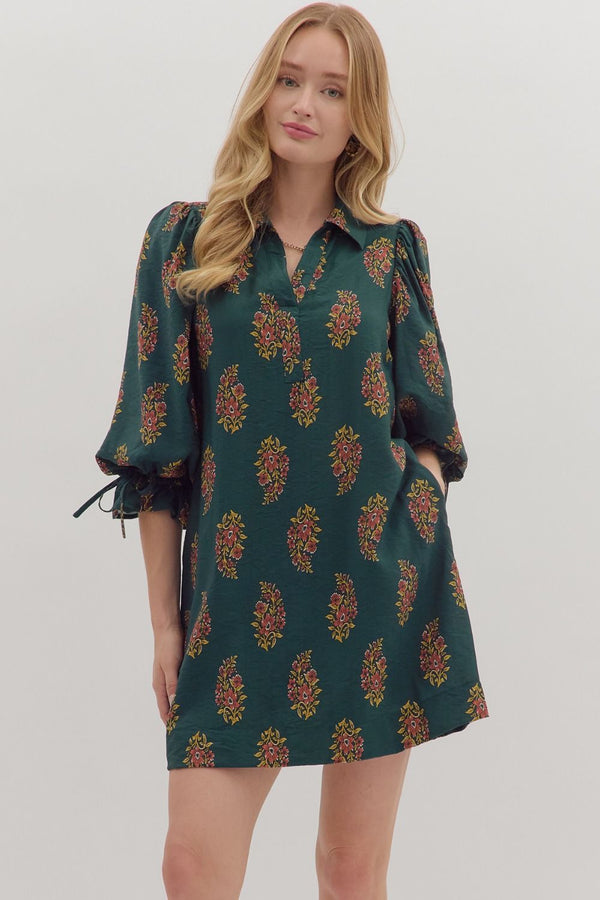 Floral Print Puff Sleeve Mini Dress H Green