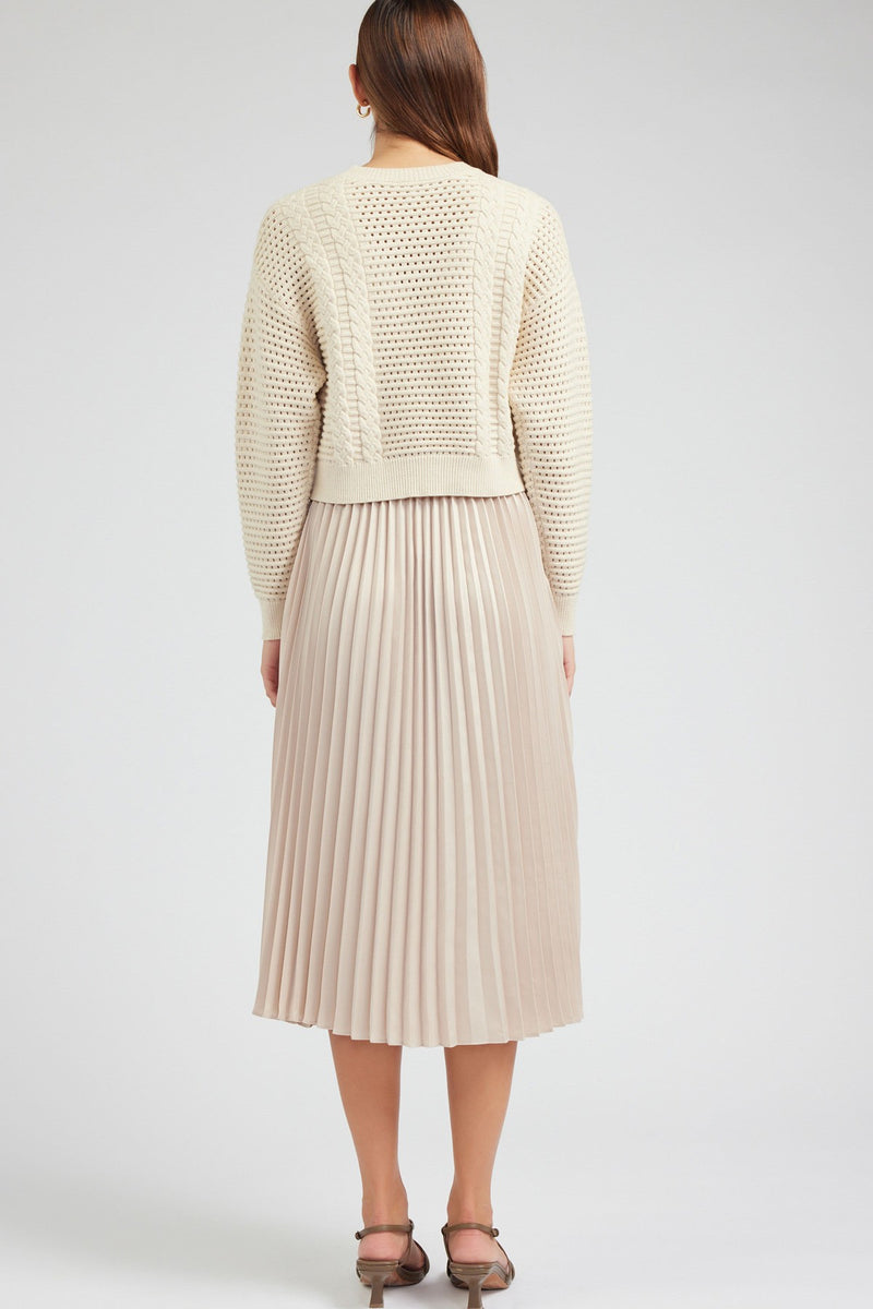 Pullover Sweater Pleated Midi Dress Set Champagne