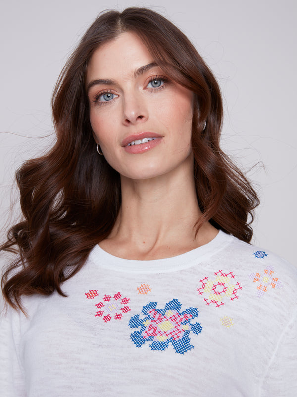 Stitched Florals Light Weight Sweater White