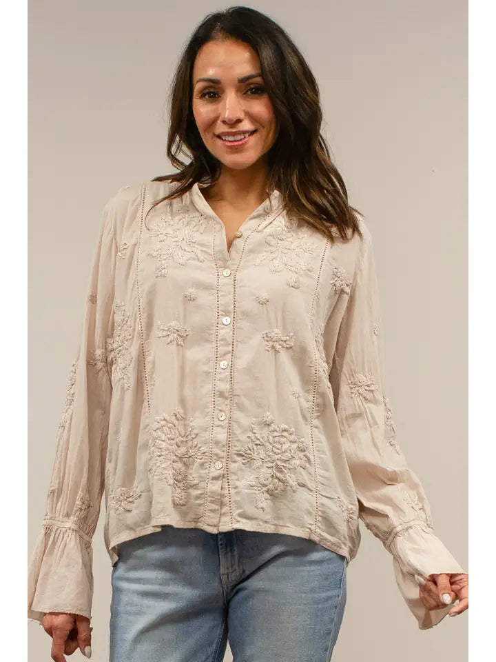 Innis Tonal Embroidered Button Down Blouse Bone