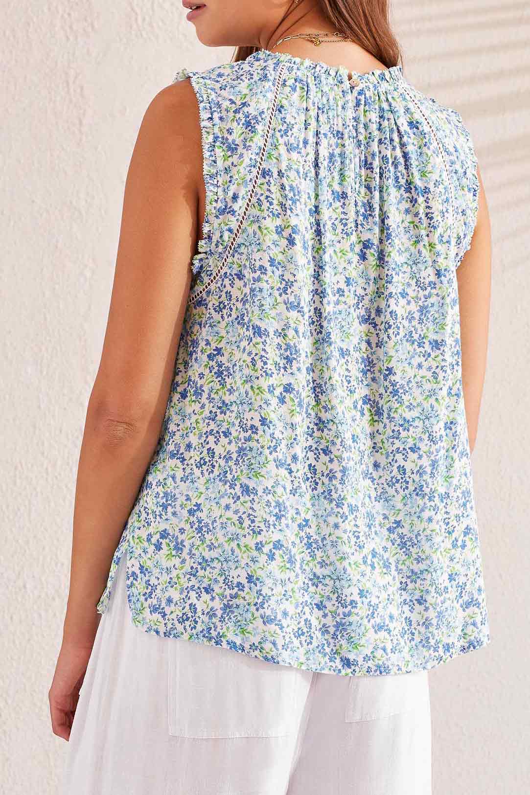 Trim Detail Crochet Ladder Floral Tank Azure Blue