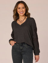 Embroidered Blouson Sleeve Vneck Sweatshirt Heather Charcoal