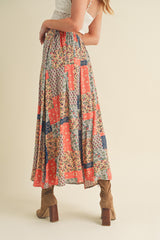Brayden Patchwork Print Skirt Tan + Orange