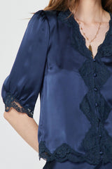 Scalloped Floral Lace Button Closure Blouse Navy