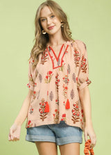 Vintage Botanicals Tassel Tie Boho Blouse Red Mix
