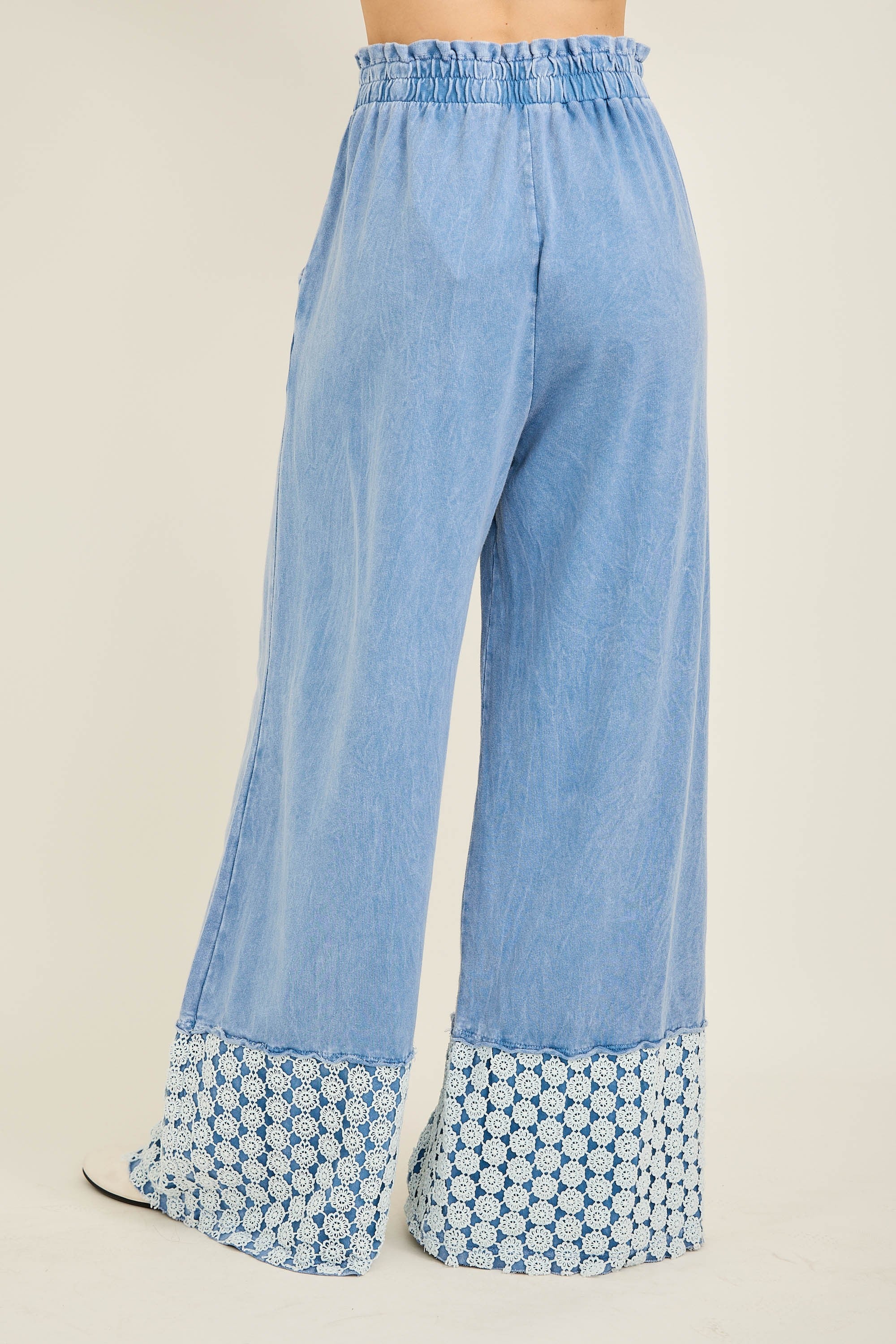 Mineral Washed Flower Daisy Trim Wide Leg Pants Denim Blue