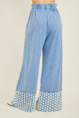 Mineral Washed Flower Daisy Trim Wide Leg Pants Denim Blue