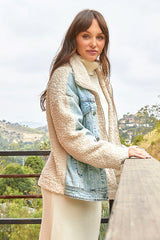 Washed Denim Mixed Zip Sherpa Jacket Cream + Denim