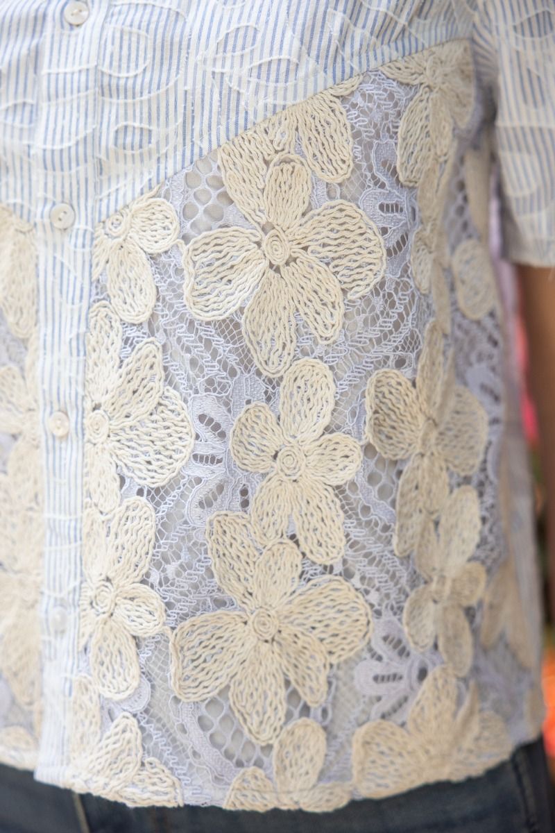 Button Down Stripe Paisley Floral Embroidered Top Blue