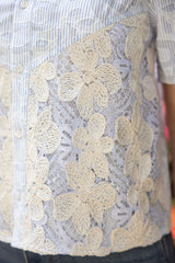 Button Down Stripe Paisley Floral Embroidered Top Blue