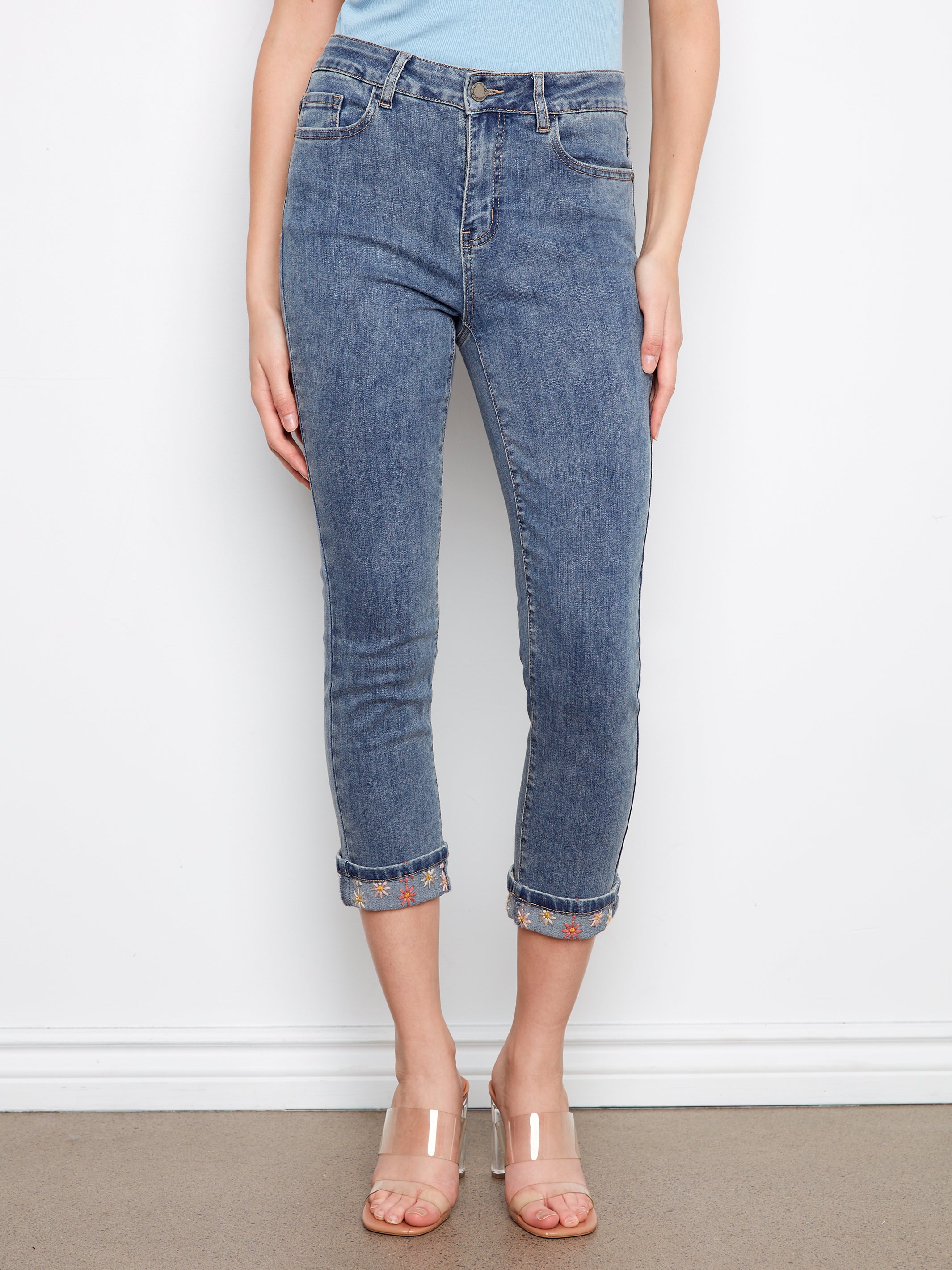 Embroidered Cuff Slim Leg Stretch Jeans Medium Blue