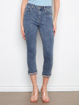 Embroidered Cuff Slim Leg Stretch Jeans Medium Blue