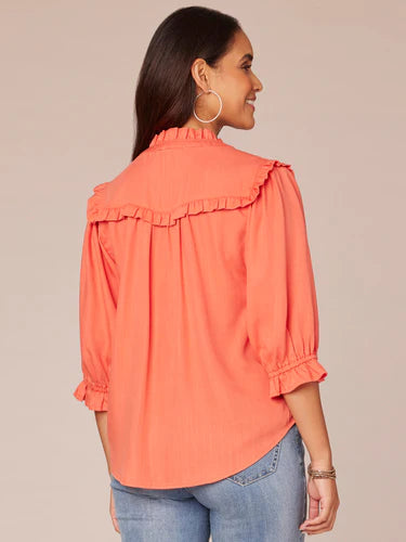 Lantern Sleeve Ruffle Edge Button Detail Shirt Coral