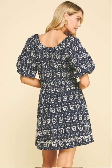 Puff Sleeve Floral Embroidered Midi Dress Navy