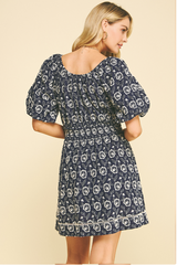 Puff Sleeve Floral Embroidered Midi Dress Navy