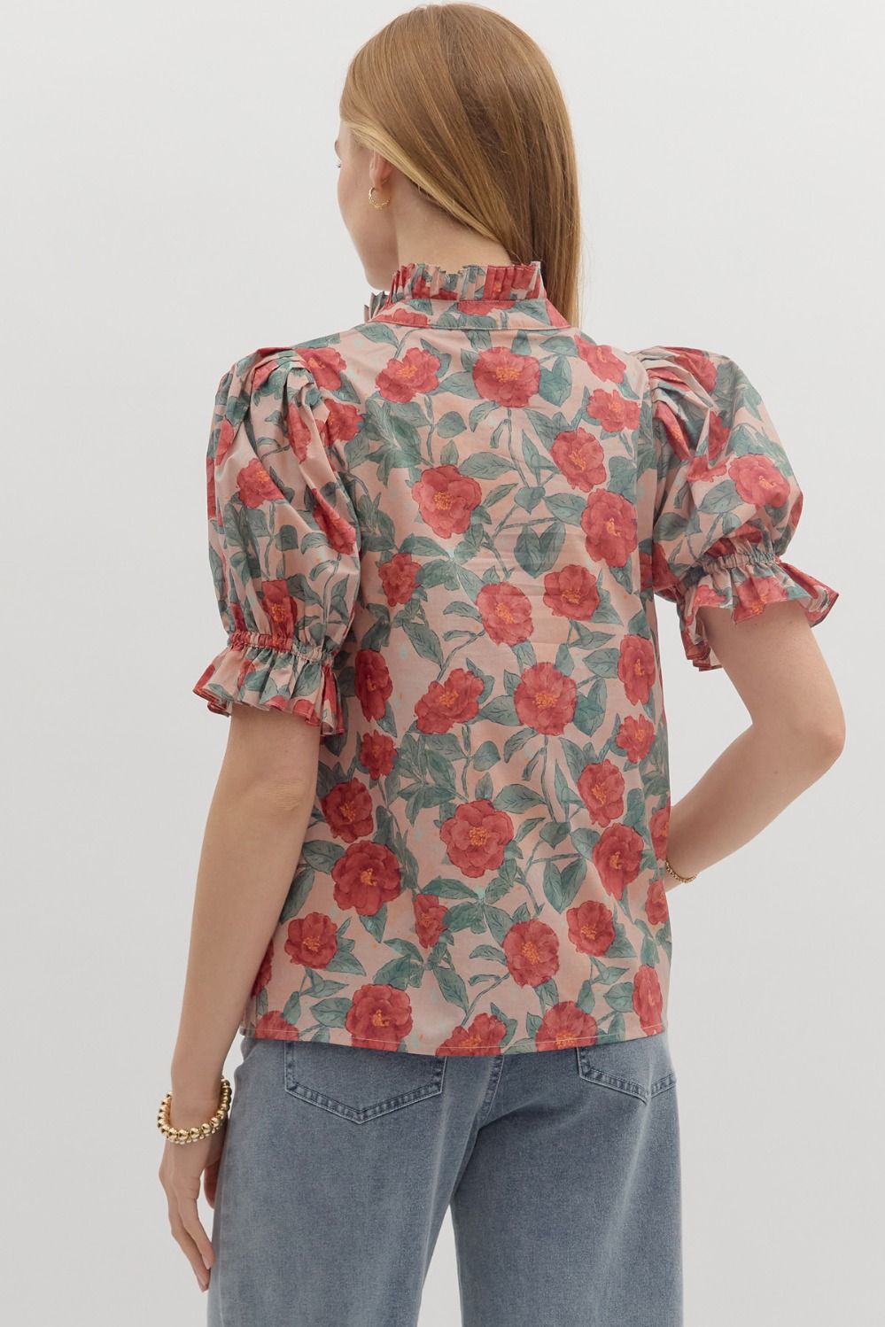 Floral Pattern Short Puff Sleeve Pleated Ruffle Top Vintage Rose