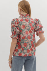 Floral Pattern Short Puff Sleeve Pleated Ruffle Top Vintage Rose