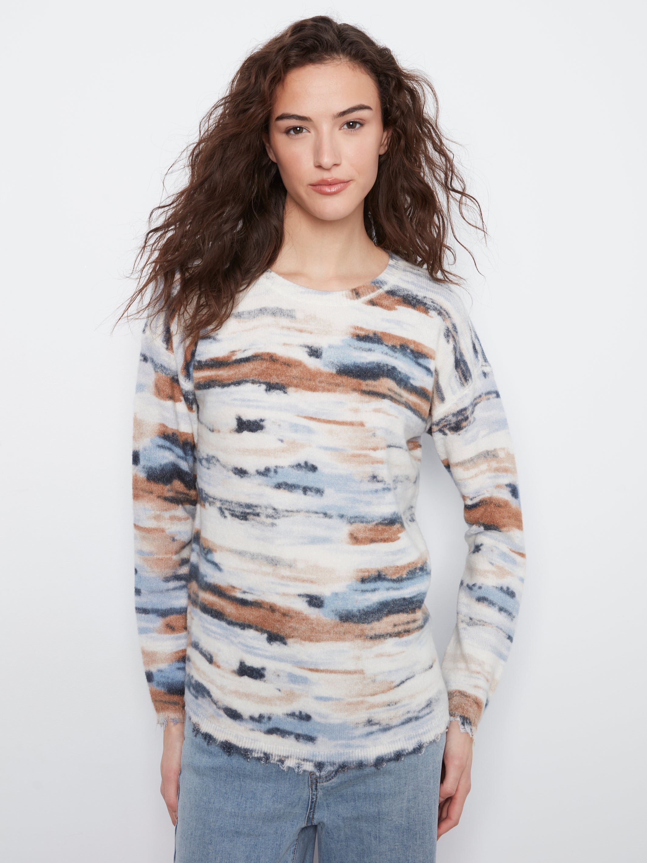 Abstract Space Dye Distressed Hem Sweater Stream