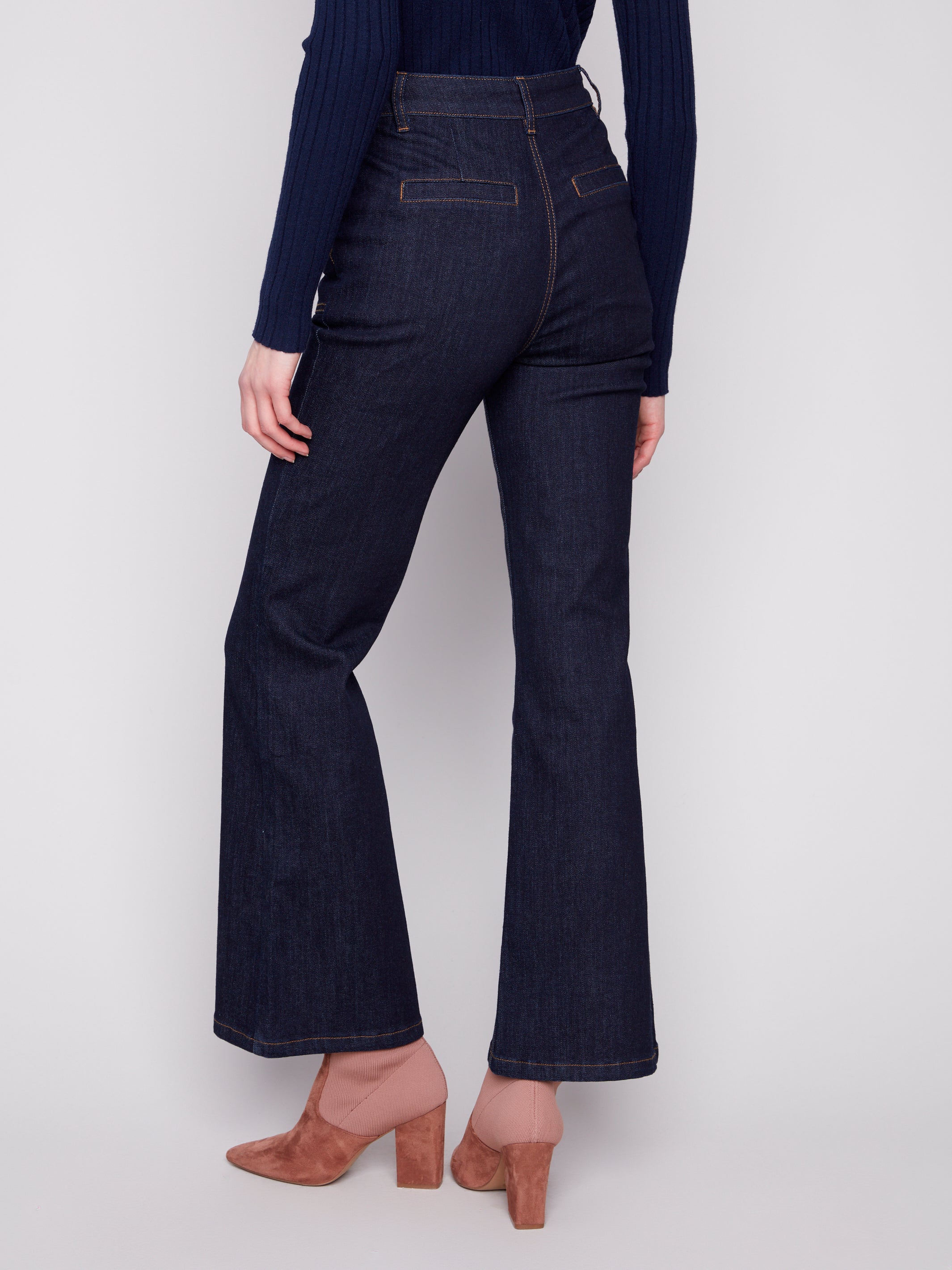 Side Button Detail Patch Pocket Denim Pants Deep Blue