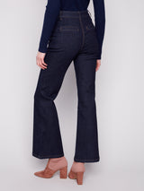 Side Button Detail Patch Pocket Denim Pants Deep Blue