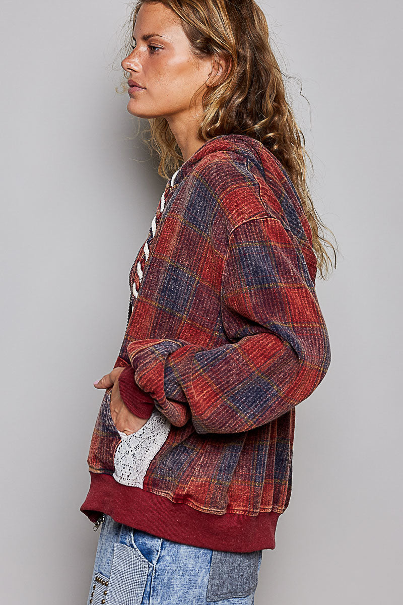 Lace Detail Plaid Zip Up Hoodie Jacket Wine Multi