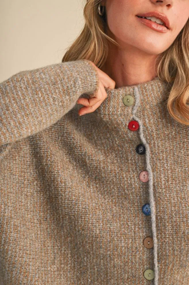 Colored Buttons Two Tone Mock Neck Cardi Natural Grey