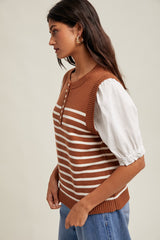 Twofer Puff Sleeve Striped Sweater Top Rust + Off White