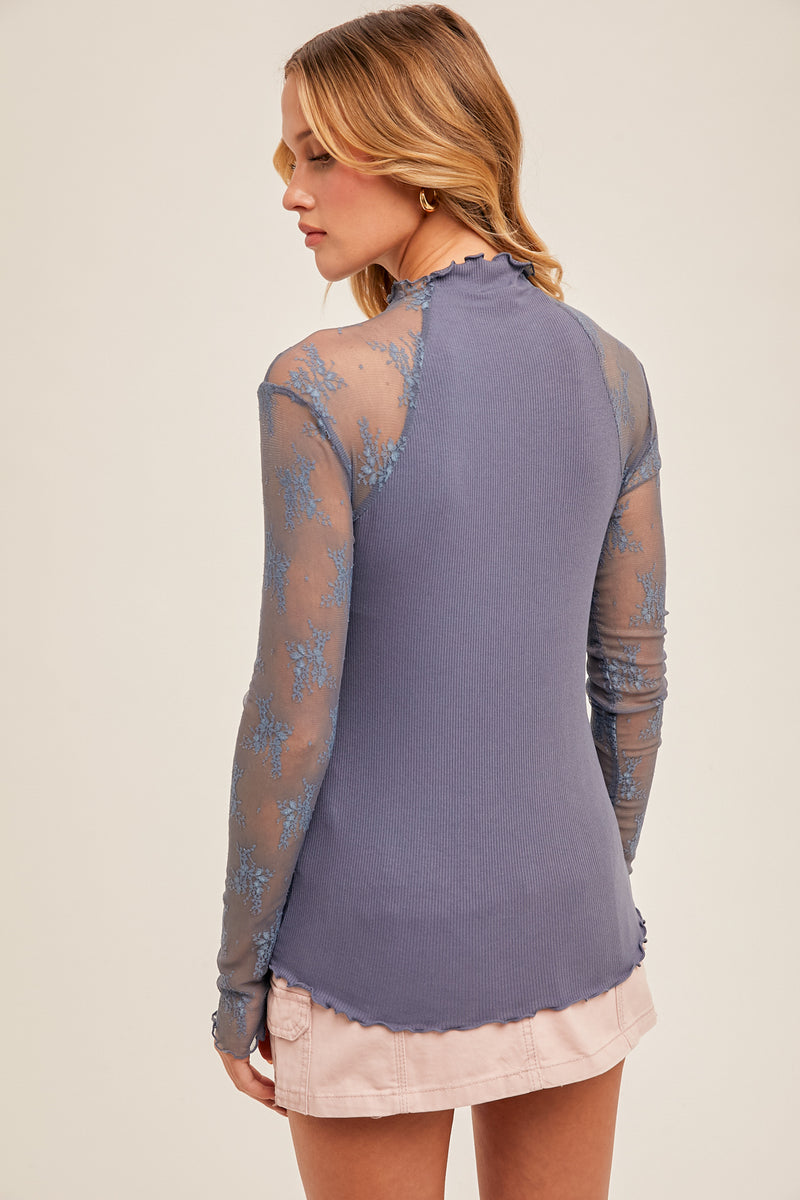 Embroidred Lace Sleeve Mock Neck Top Slate Blue