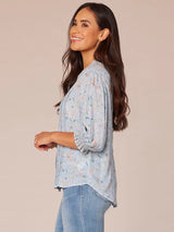 Pintuck Picot Button Front Elbow Sleeve Top Blue Crush Multi