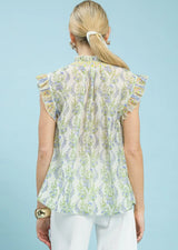 Wild Floral Ruffle Trim Cap Sleeve Top Blue