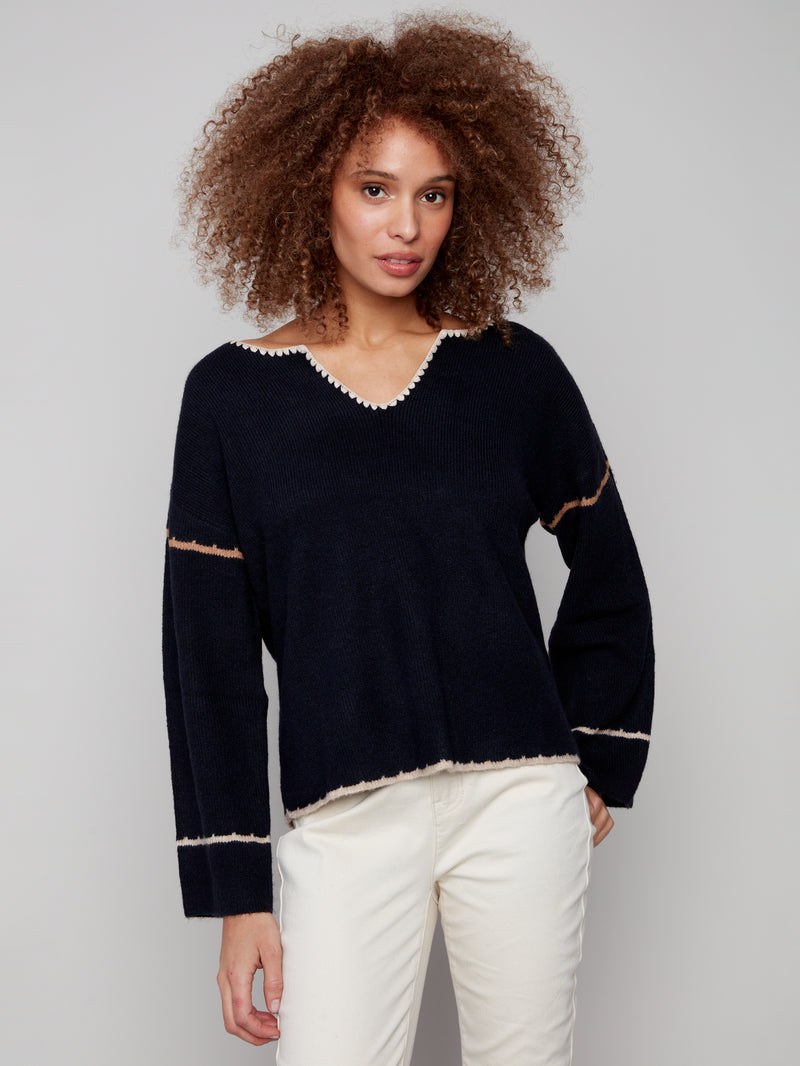Notched Neck Rib Embroidered Sweater Navy