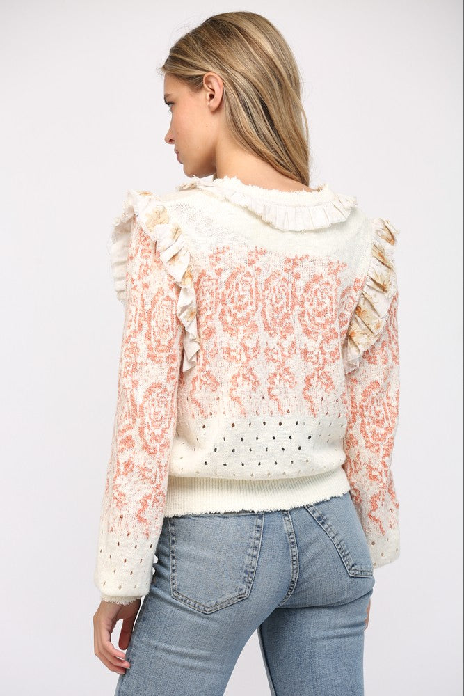 Ruffle Trimmed Front Closure Cardigan Ivory + Coral