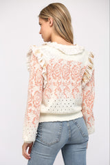 Ruffle Trimmed Front Closure Cardigan Ivory + Coral