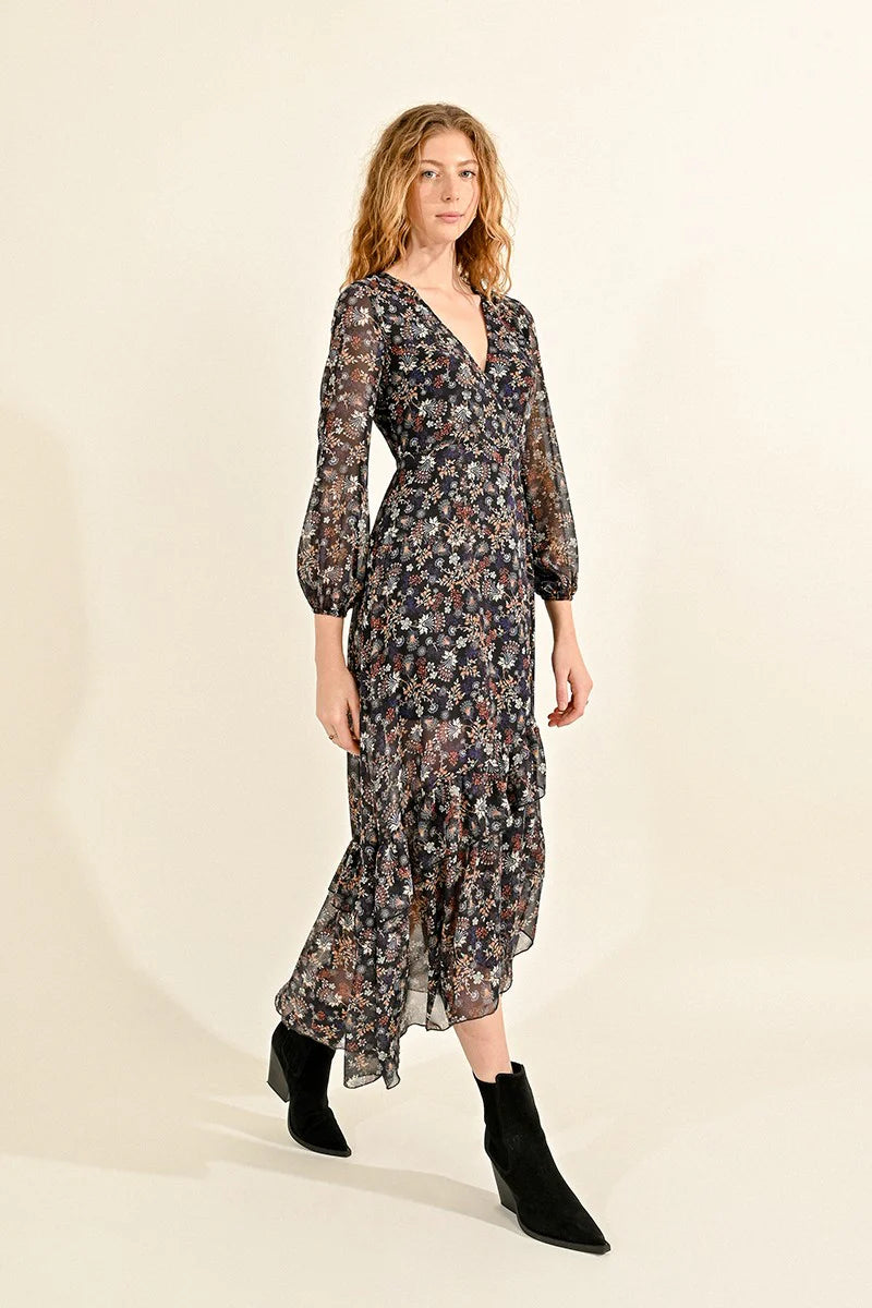 Western Floral Belted Ruffle Hem Maxi Dress Black Claire