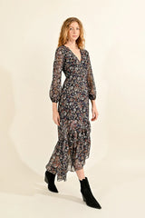 Western Floral Belted Ruffle Hem Maxi Dress Black Claire